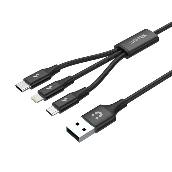 UNITEK USB-A 3in1 HIZLI SARJ KABLOSU 1.2MT 2.4A MICRO USB, TYPE-C, LIGHTNING C14049BK ürün görseli