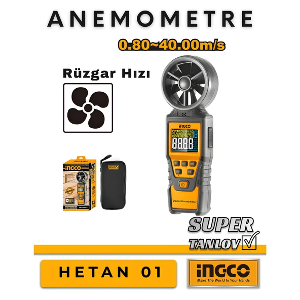 Ingco HETAN01 Dijital Ekranlı Anemometre Rüzgar Ölçer (Rüzgar/Hava Hızı Ölçme Aleti) - Resim 5