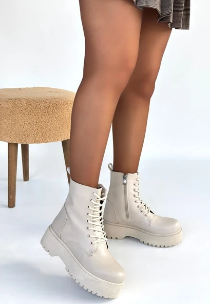 Pabucmarketi Bej Fermuarlı Bağcıklı Kadın Worker Bot - Resim 3