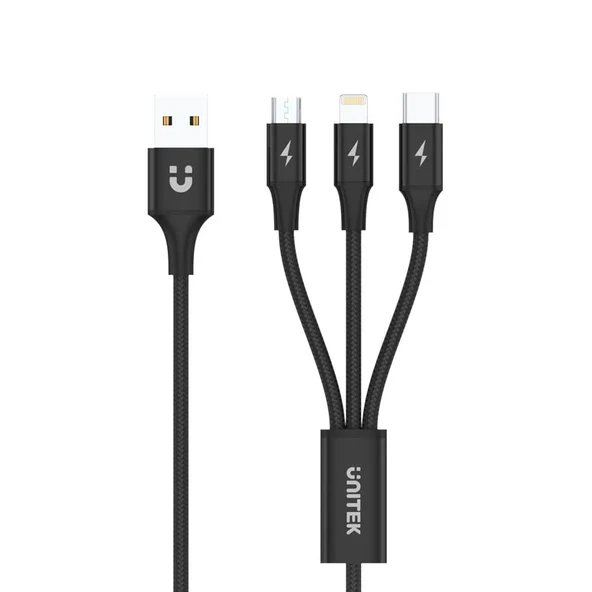UNITEK USB-A 3in1 HIZLI SARJ KABLOSU 1.2MT 2.4A MICRO USB, TYPE-C, LIGHTNING C14049BK - Resim 3