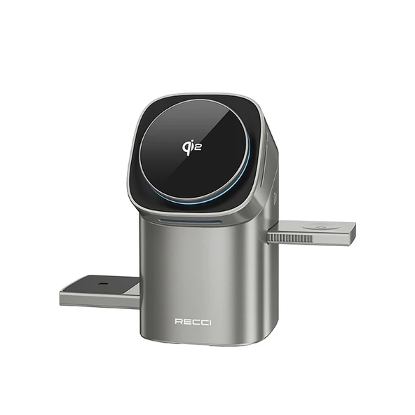 Recci RW05 Qi2 Şarj Teknolojili Ambiyans Işıklı Telefon&Akıllı Saat&Kulaklık 15W 3in1 Kablosuz Şarj Standı ürün görseli 1