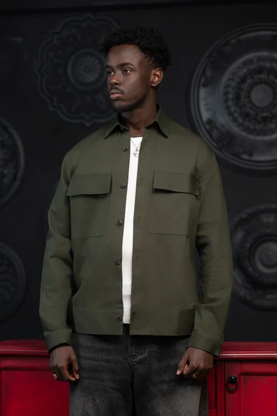 Oversize Çift Kapak Cepli İnce Kanvas Kumaş Astarsız Gömlek - Resim 8