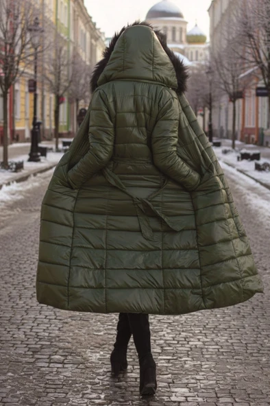 Kışlık Tam Boy Kürklü Şişme Kadın Mont - Resim 2