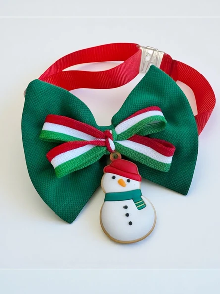 Kardan Adam Köpek Papyon Tasması |  Yeşil Kırmızı Fiyonk Boyun Aksesuarı | Noel Temalı Köpek Süsü | Orta ve Büyük Irklar İçin - Resim 4