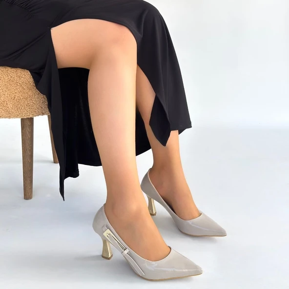 Pabucmarketi Bej Rugan Kadın Topuklu Ayakkabı - Resim 4