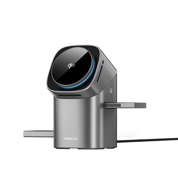 Recci RW05 Qi2 Şarj Teknolojili Ambiyans Işıklı Telefon&Akıllı Saat&Kulaklık 15W 3in1 Kablosuz Şarj Standı - Resim 3