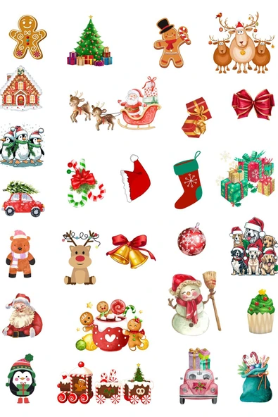 Christmas Temalı Sticker - Yılbaşı - Cam-Duvar-Tablet-Telefon (Pürüzsüz Yüzeyler) - Figürler 3-4 cm ürün görseli
