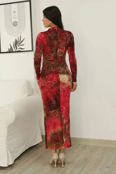 Desenli Büzgü Detaylı Premium Kadife Elbise 6063-Kırmızı - Resim 7