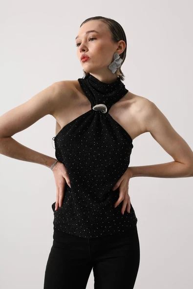 Gümüş Tokalı Simli Kaplamalı Kadın Halter Yaka Elbise - Resim 2