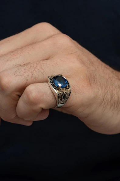 Parlament Lacivert Taşlı 925 Erkek Gümüş Serçe Parmak Yüzüğü - Resim 3