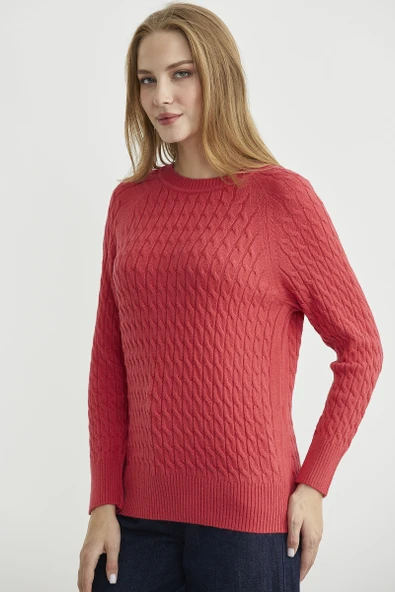 Saç Örgü Motifli Yuvarlak Yaka Triko Kazak - Gül - Resim 4