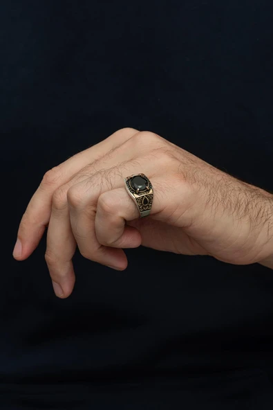 Siyah Taşlı 925 Erkek Gümüş Serçe Parmak Yüzüğü - Resim 3