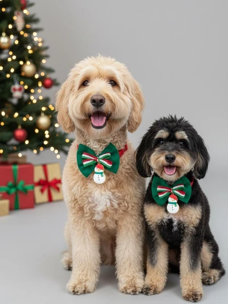 Kardan Adam Köpek Papyon Tasması |  Yeşil Kırmızı Fiyonk Boyun Aksesuarı | Noel Temalı Köpek Süsü | Orta ve Büyük Irklar İçin ürün görseli 1