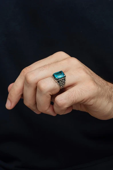 Kare Aqua Mavi Taşlı 925 Erkek Gümüş Yüzük - Resim 6