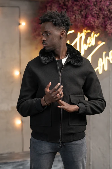 Slimfit Kürklü Sabit Yaka Beli Lastikli Astarlı Kaşe Mont - Resim 10