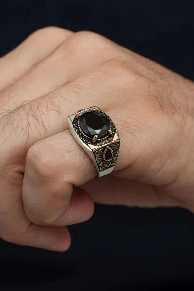 Siyah Taşlı 925 Erkek Gümüş Serçe Parmak Yüzüğü - Resim 4