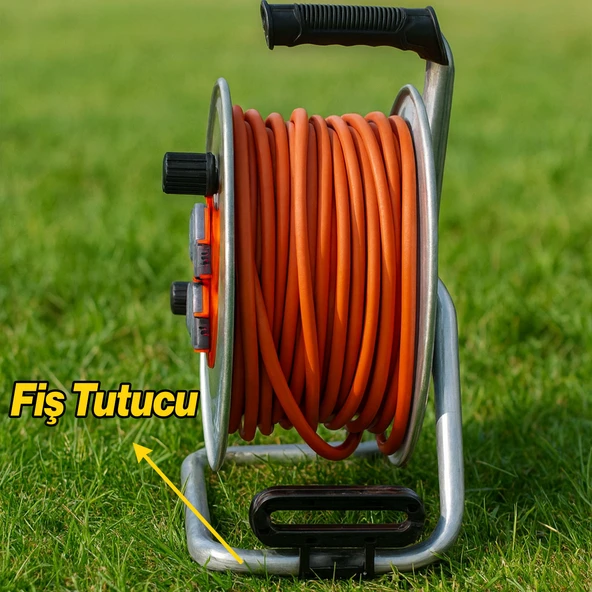 Metal Makaralı Uzatma Kablosu % 100 BAKIR 40 Metre 3x2.5 mm Termal Sigortalı Seyyar Kapaklı 4 Prizli - Resim 5