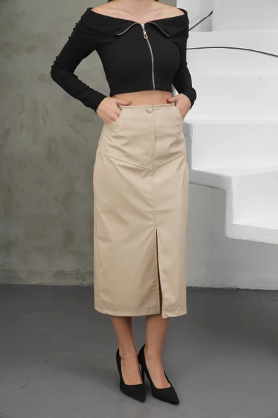 Yırtmaçlı uzun deri etek bej - Resim 6