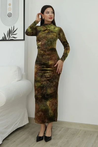 Desenli Büzgü Detaylı Premium Kadife Elbise 6063-Haki - Resim 2