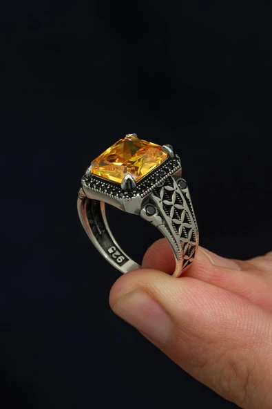 Kare Sarı Zirkon Taşlı 925 Erkek Gümüş Yüzük ürün görseli