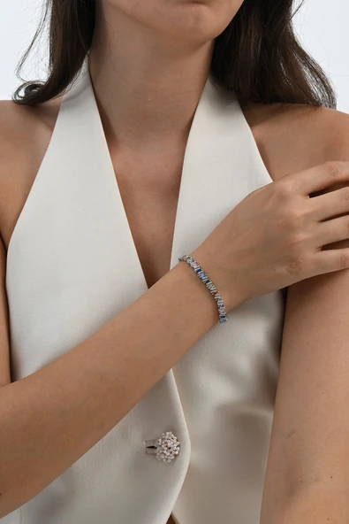 925 ayar gümüş rodyumlu renkli marquise (MARKİZ) kesim zirkon taşlı ışıltı seli gümüş bileklik SGTL13069RENKLI - Resim 3