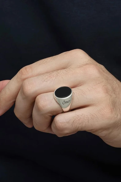 Siyah Oniks Taşlı İsimli Kişiye Özel 925 Erkek Gümüş Yüzük - Resim 3