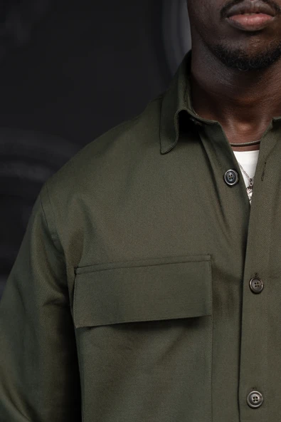 Oversize Çift Kapak Cepli İnce Kanvas Kumaş Astarsız Gömlek - Resim 11