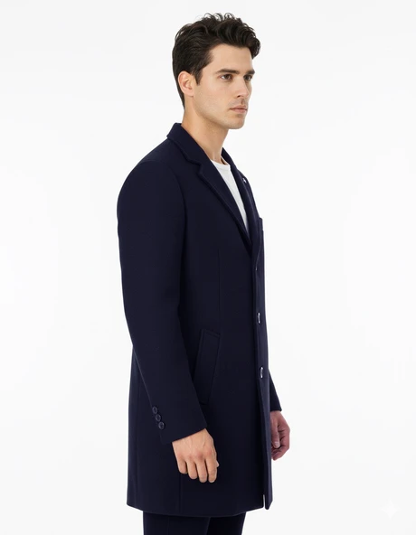 Süvari Slim Fit Sivri Yaka Erkek Koyun Yünlü Kaban - Resim 5