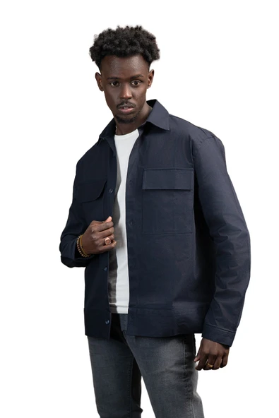 Oversize Çift Kapak Cepli İnce Kanvas Kumaş Astarsız Gömlek - Resim 12