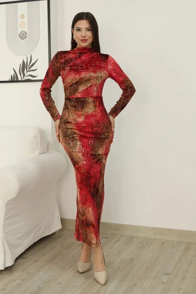 Desenli Büzgü Detaylı Premium Kadife Elbise 6063-Kırmızı - Resim 3