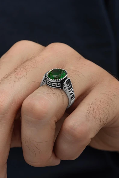 Yuvarlak Yeşil Taşlı 925 Erkek Gümüş Yüzük - Resim 4