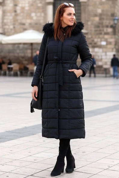 Günlük Kışlık Tam Boy Kürklü Kadın Siyah Şişme Mont ürün görseli