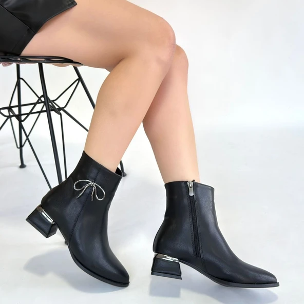 Pabucmarketi Siyah Fermuarlı Kadın Topuklu Bot - Resim 4