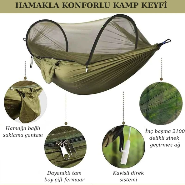 Cibinlikli Kamp Hamak 260x140 cm  Taşınabilir Seyahat ve Açık Hava Uyku Hamak 200 Kg - Resim 3