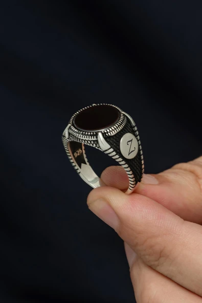 Harfli Siyah Oniks Taşlı Kişiye Özel 925 Erkek Gümüş Yüzük ürün görseli