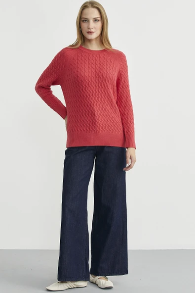 Saç Örgü Motifli Yuvarlak Yaka Triko Kazak - Gül - Resim 2