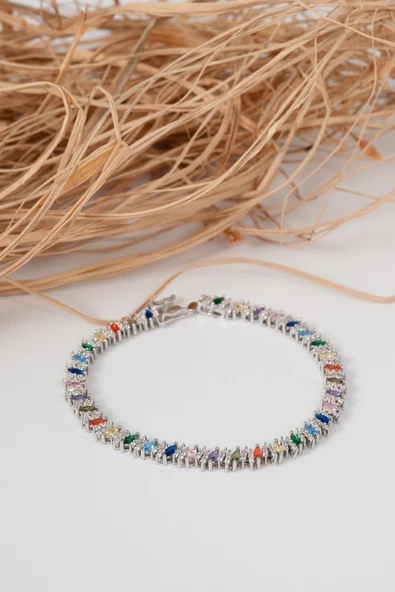 925 ayar gümüş rodyumlu renkli marquise (MARKİZ) kesim zirkon taşlı ışıltı seli gümüş bileklik SGTL13069RENKLI - Resim 4