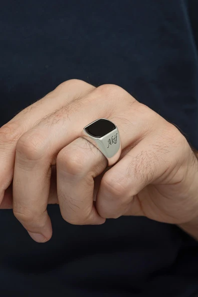 Siyah Oniks Taşlı İsimli Kişiye Özel 925 Erkek Gümüş Yüzük - Resim 6