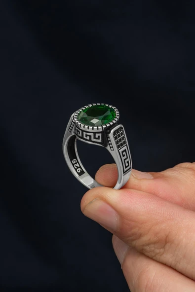 Yuvarlak Yeşil Taşlı 925 Erkek Gümüş Yüzük - Resim 3