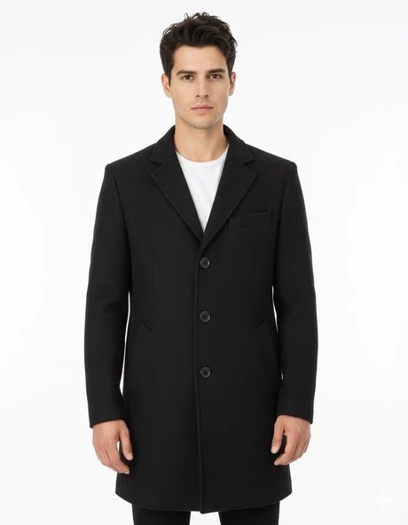 Süvari Slim Fit Sivri Yaka Erkek Koyun Yünlü Kaban ürün görseli