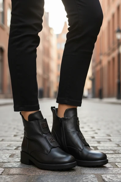 Aspor Siyah Hakiki Deri Fermuarlı Kadın Topuklu Bot - Resim 3