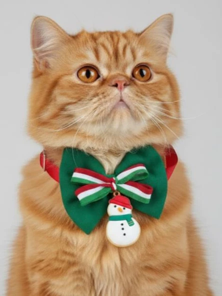 Kardan Adam Kedi Papyon Tasması | Yeşil Kırmızı Fiyonk Boyun Aksesuarı | Noel Temalı Kedi Süsü - Resim 2