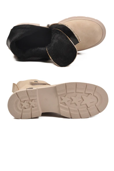 Pierre Cardin Bej Nubuk Kürklü Kadın Topuklu Bot - Resim 5