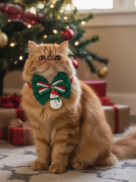 Kardan Adam Kedi Papyon Tasması | Yeşil Kırmızı Fiyonk Boyun Aksesuarı | Noel Temalı Kedi Süsü ürün görseli