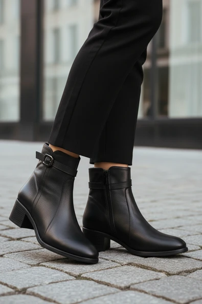 Aspor Siyah Hakiki Deri Fermuarlı İçi Polarlı Kadın Topuklu Bot - Resim 3