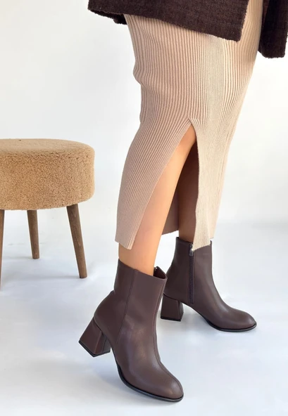 Pabucmarketi Kahverengi Fermuarlı Kadın Topuklu Bot - Resim 2