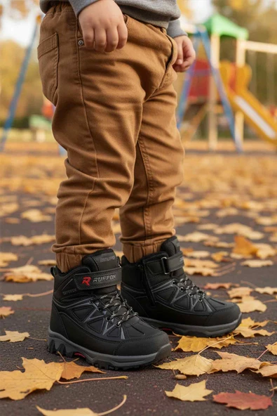 Ruffon Siyah Polarlı Fermuarlı Erkek Çocuk Düz Bot - Resim 3