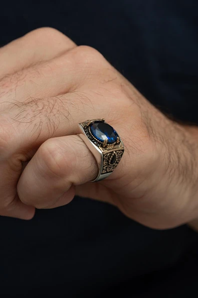 Parlament Lacivert Taşlı 925 Erkek Gümüş Serçe Parmak Yüzüğü - Resim 4