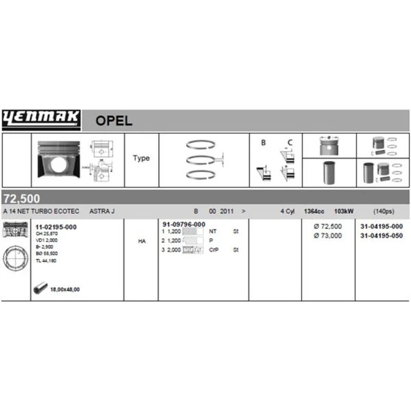 Opel Motor Piston Segman Komple 0,50 (73,00mm) Meriva B 10>17 A14net-A14nel-B14net Astra J 10> A14net - B - Yenmak 31-04195-050 ürün görseli 1