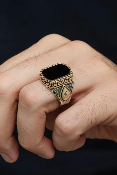 Harfli Siyah Oniks Taşlı Kişiye Özel 925 Erkek Gümüş Yüzük - Resim 2